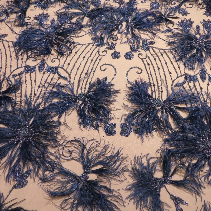 New Deals Navy Tulle with Feathers Embroidered Fabric