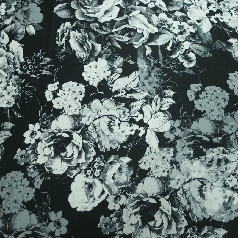 Limited Availability Floral White and Black Background Charmeuse Polyester Fabric