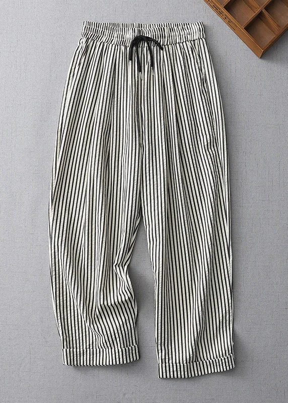 Weekend Flash Sale Casual Striped Lace Up Elastic Waist Cotton Crop Pants Summer GG020