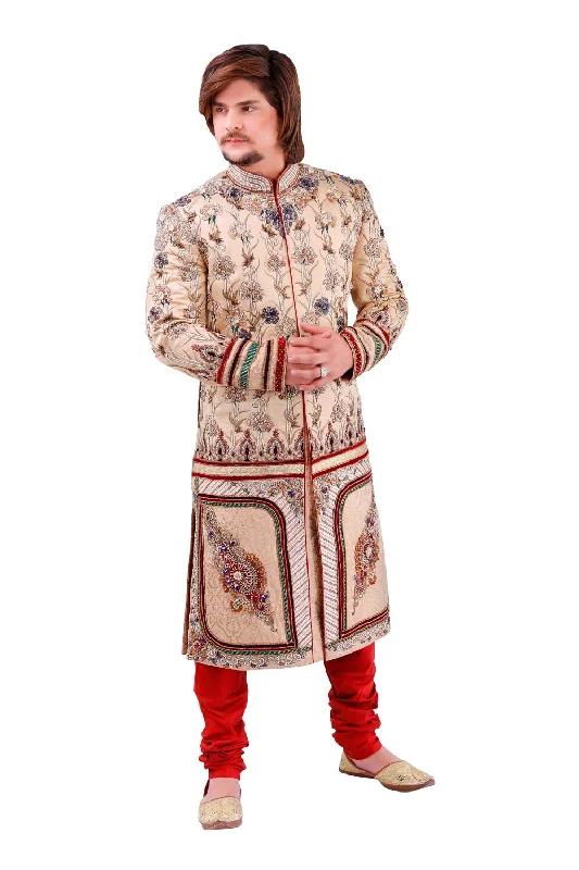 Limited Time Discount Admirable Beige Brocade Silk Indian Wedding Sherwani For Men