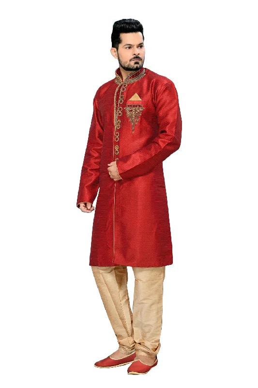 Warehouse Sale Classic Red Jacquard Silk Indian Wedding Sherwani For Men