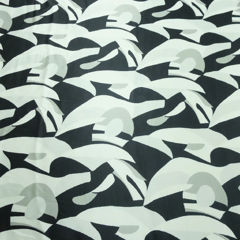 Discount Extravaganza Silver and Black Abstract Printed Silk Charmeuse Fabric