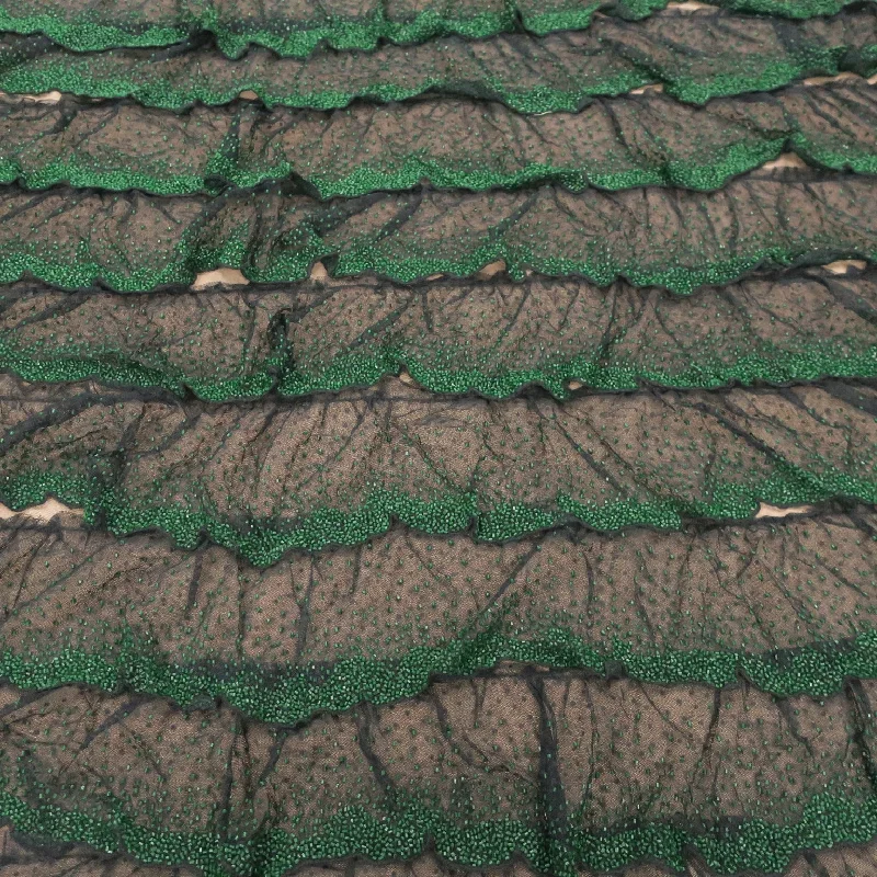 Doorbuster Deal Black with Green Abstract Embroidered Tulle Fabric