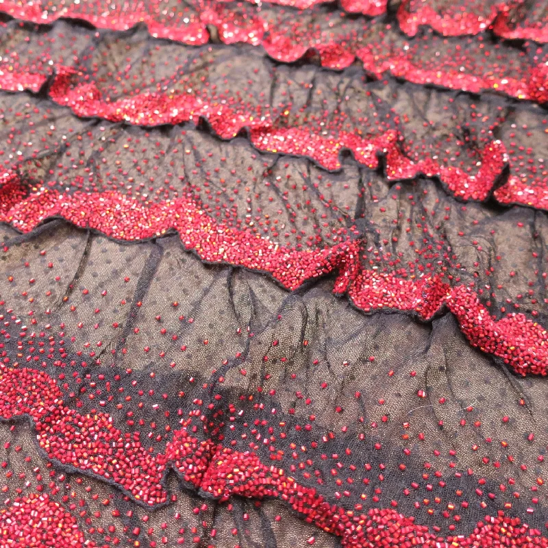 Low Prices Black with Red Accents Abstract Embroidered Tulle Fabric