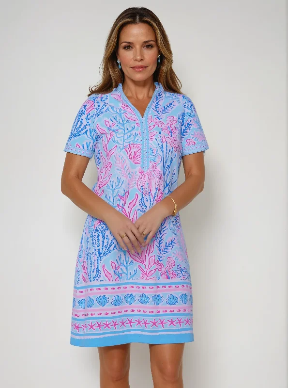 Year-End Clearance Deep Sea Print Cotton Knit Short Sleeve V-Neck Placket Dress