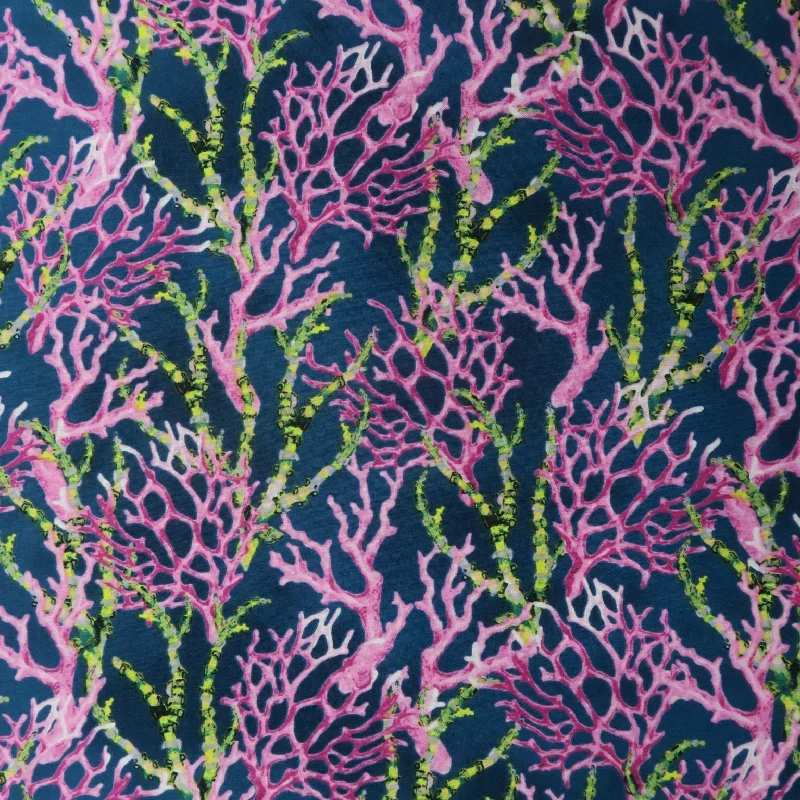 Savings Bonanza Pink and Yellow Corals on a Navy Background Printed Cotton