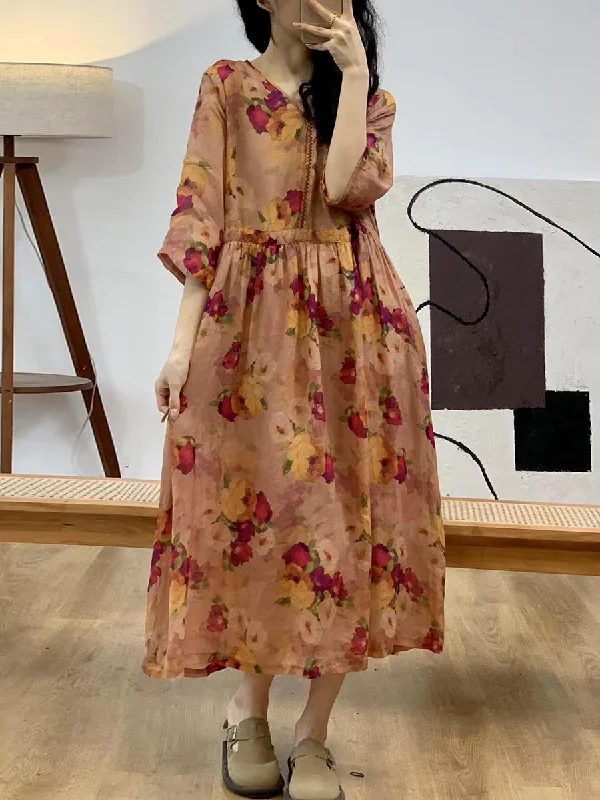 Price Smash Women Vintage Floral Summer Ramie V-Neck Dress XX1028