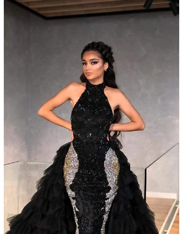 Clearance Items Luxury Evening Gown Black Sleeveless Ruffles