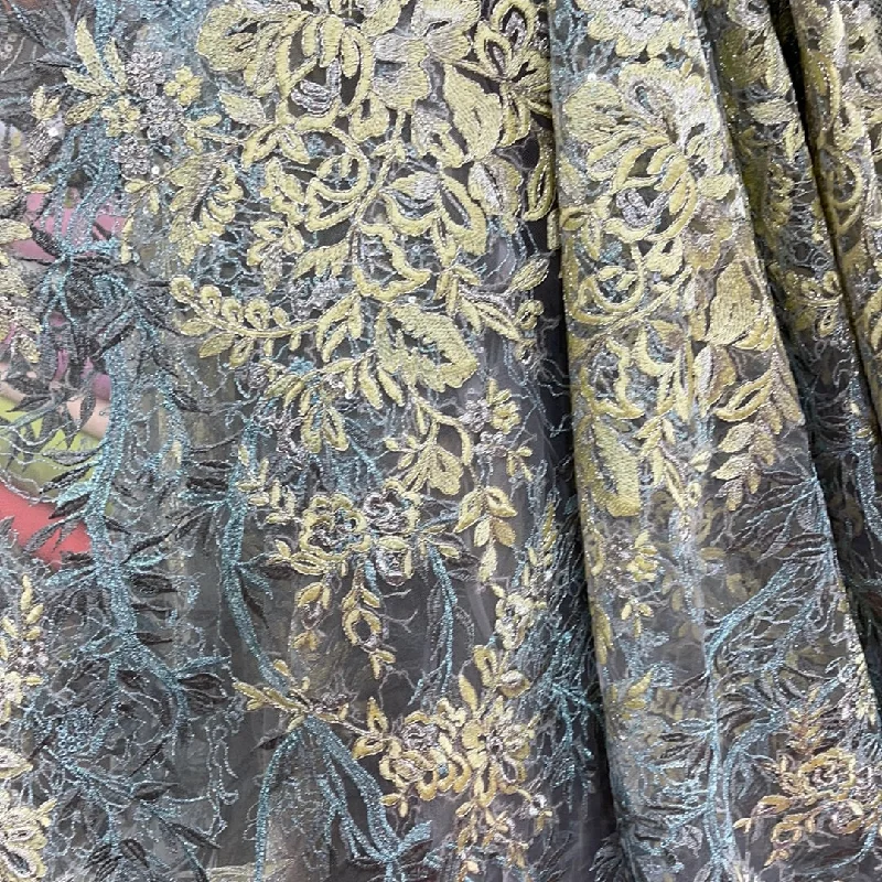 Price Rollback Gold and Silver Abstract Embroidered Tulle Fabric