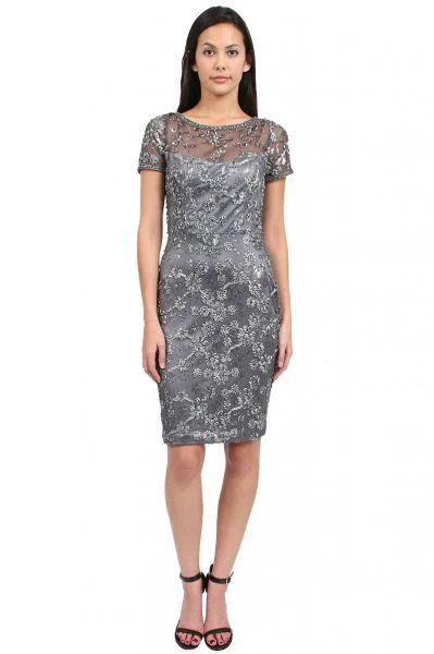 New Markdowns Sue Wong Short Sleeve Sheath Cocktail Dress in Charcoal N3505