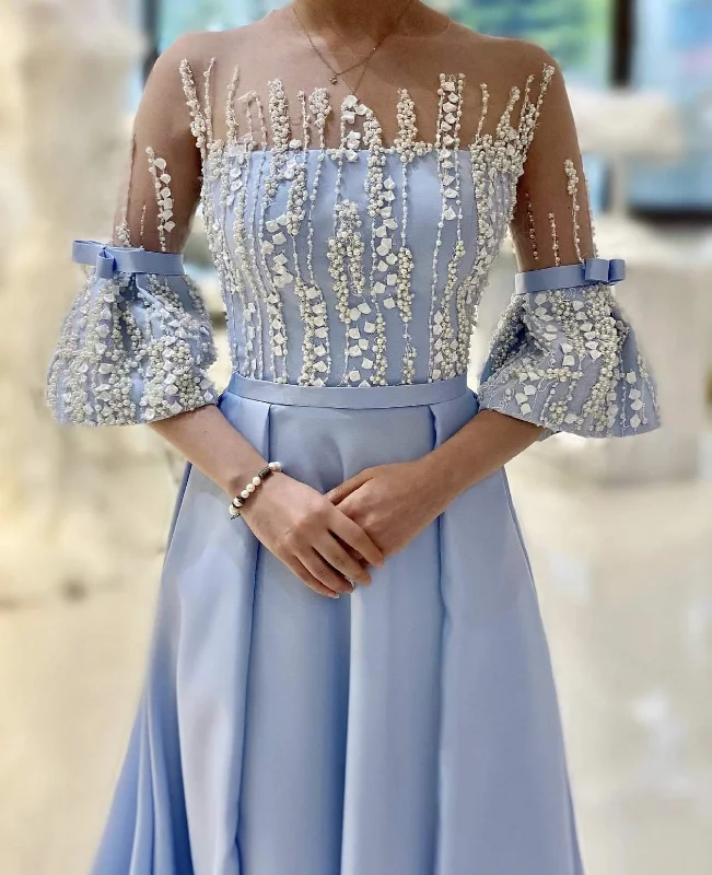 Final Sale Light Blue Evening Dress Flowers