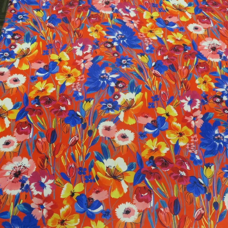 Deal Frenzy Multicolored Florals on Red Background Printed Silk Charmeuse Fabric