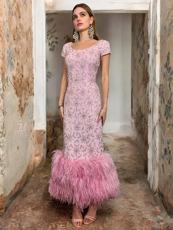 Instant Savings Ursula, 60s beaded pink feather dress