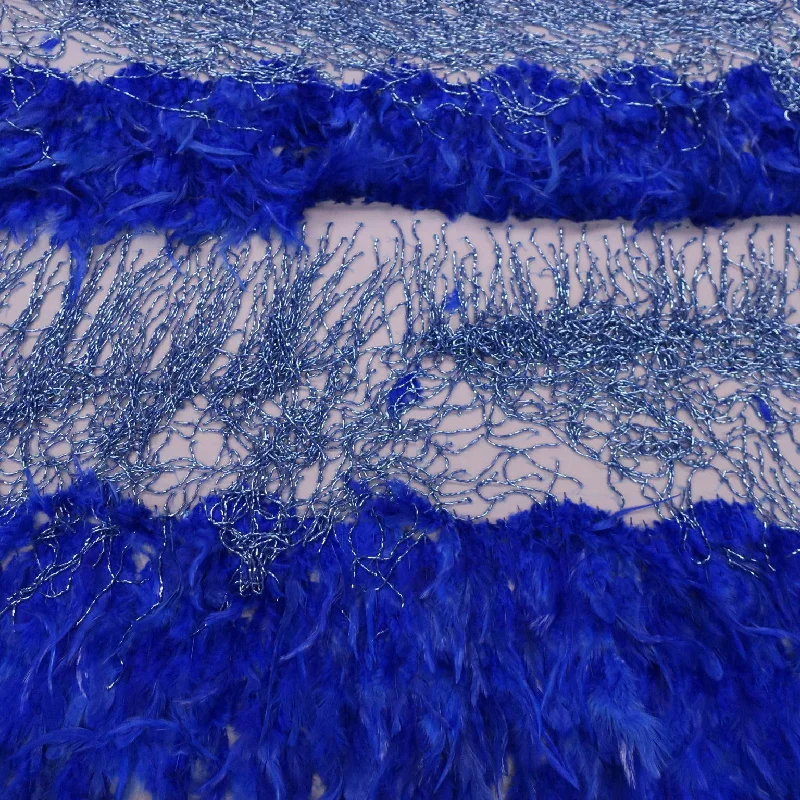 Markdown Madness Blue Tulle with Feathers and Fringes Embroidered Fabric