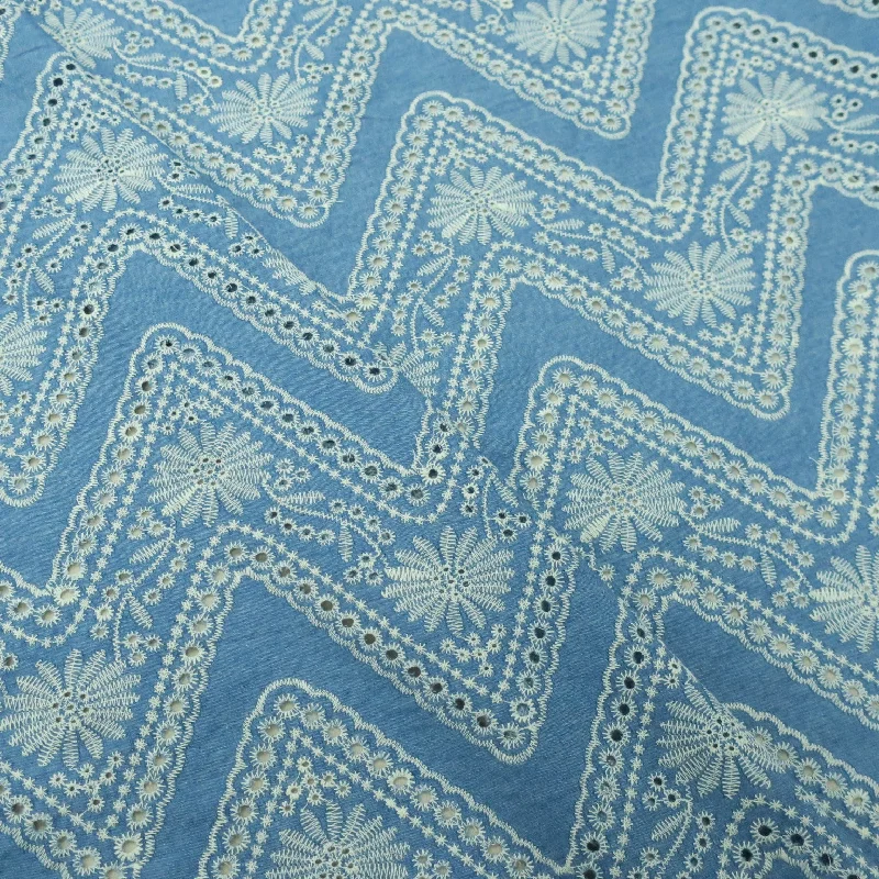 Special Price Light Blue with Ivory Embroidery Cotton Denim Fabric