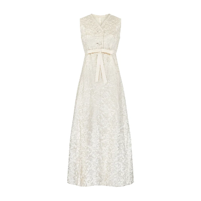 Crazy Deals 1960s Cream Embroidered Column Dress with Pearl Trim