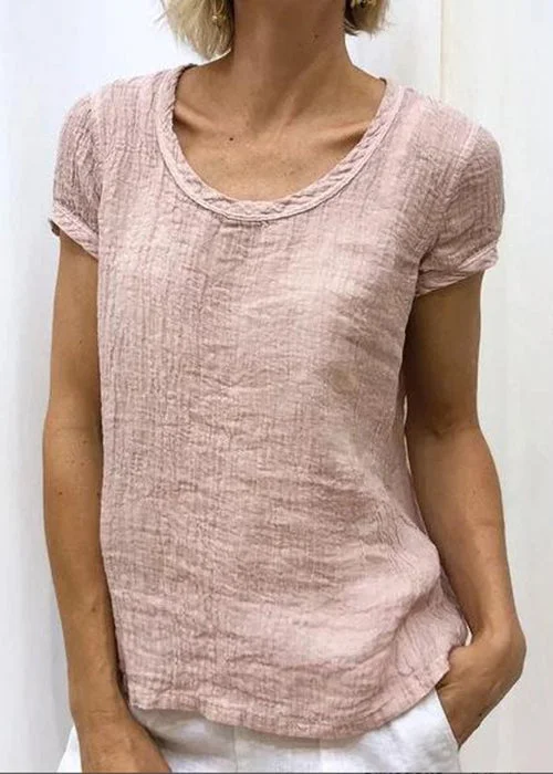Clearance Sale Women Pink O-Neck Solid Cotton T Shirt Summer FF034