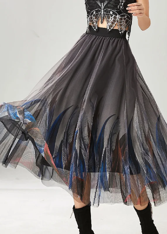 Referral Discount Stylish Grey Feather Print Tulle Skirts Summer YU1017
