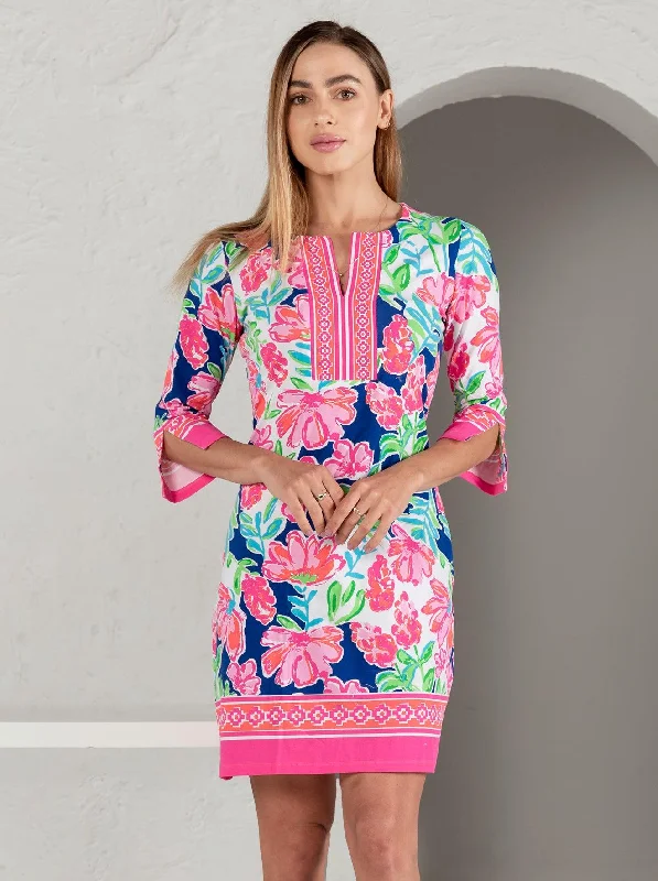 Year-End Sale Tuscan Print Cotton Knit 3/4 Sleeve Slit Neck Dress