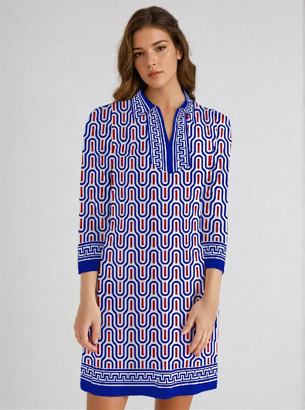 Super Savings Brickel Print Cotton Knit 3/4 Sleeve Polo Neck Dress