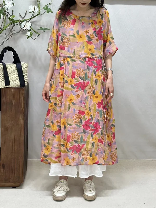 Lowest Prices Women Summer Artsy Floral Strap O-Neck Ramie Dress CV1041