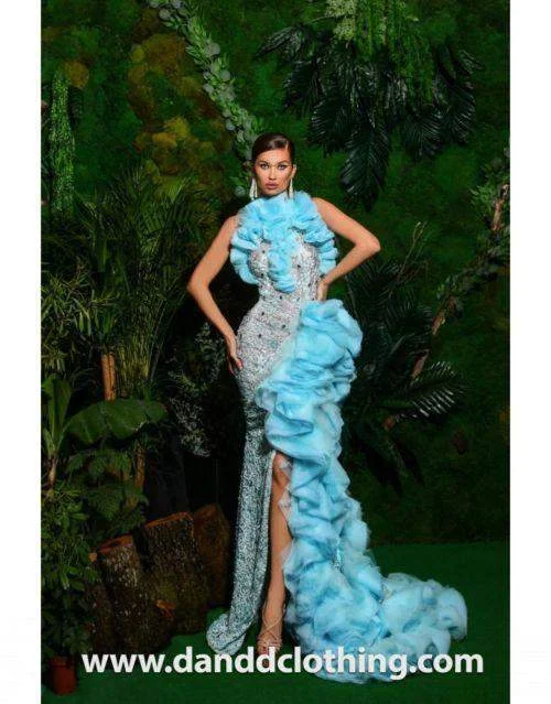 Special Buy Luxury Evening Dress Sky Blue Ruffled