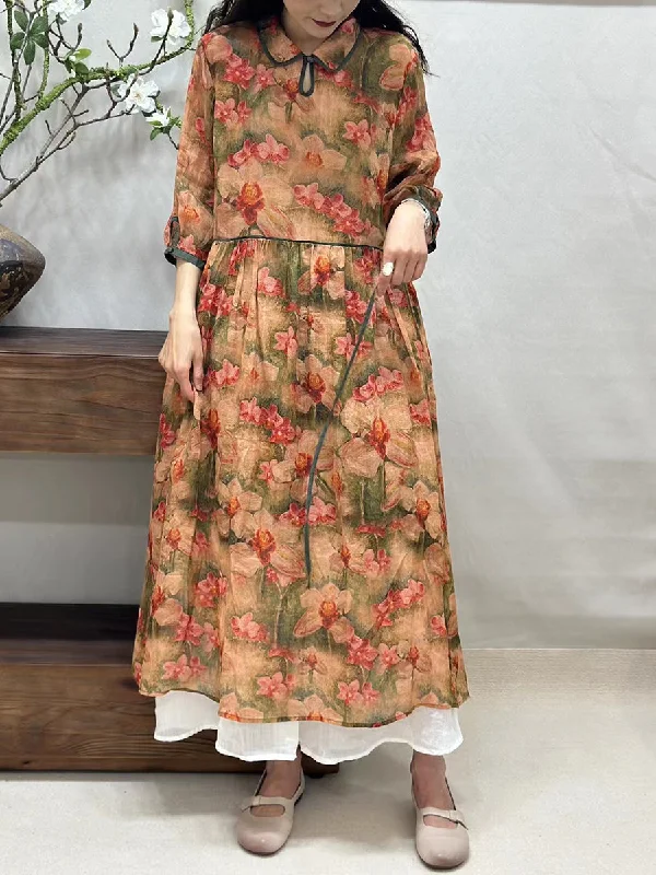 Instant Savings Women Summer Vintage Flower Turn-down Collar Ramie Dress BN1027