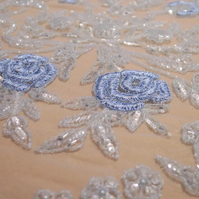 Savings Spectacular Clear Background with Sky Blue Accents Floral Embroidered Tulle Fabric Savings Spectacular Clear Background with Sky Blue Accents Floral Embroidered Tulle Fabric