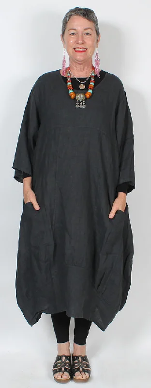 Final Markdown Linen Black Dress - Long Tunic Lagenlook Boho Resort Sml-4x