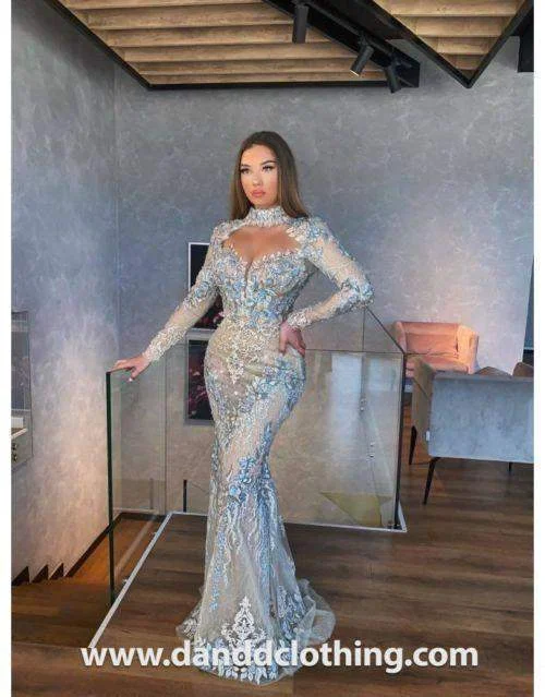 Midnight Sale Luxury Light Blue Evening Dress With Sheer
