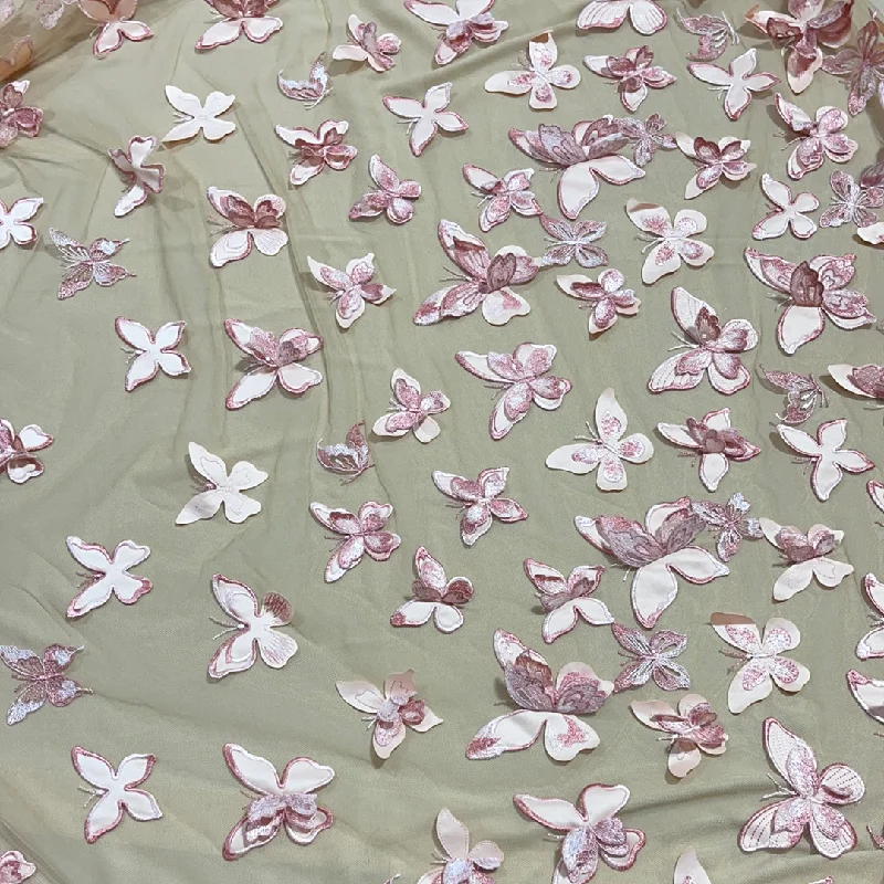 Seasonal Sale Nude Tulle With 3D Pink  Butterfly Design Embroidered Fabric