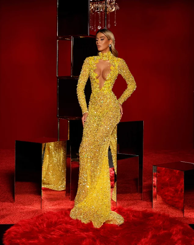 Savings Galore Yellow Shining Evening Dress