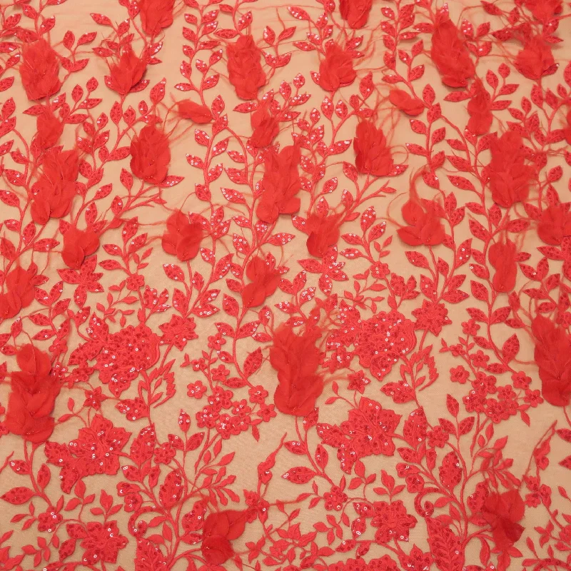 Fantastic Deals Red Beaded Feathered Embroidered Tulle Fabric