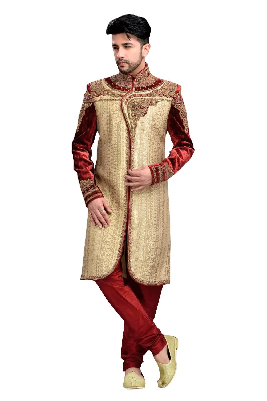 Final Clearance Classic French Beige And Maroon Brocade Jamawar And Velvet Silk Indian Wedding Sherwani For Men