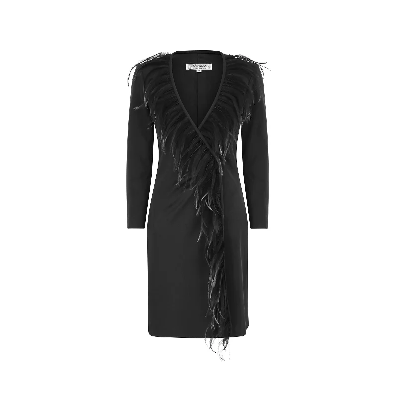Weekend Deal 1999 Yves Saint Laurent Black Feather Wrap Dress