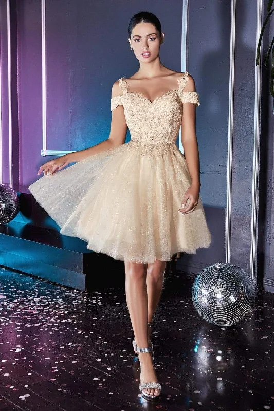 Loyalty Reward Cinderella Divine - CD0132 Cold Shoulder Lace and Glitter Tulle Cocktail Dress Loyalty Reward Cinderella Divine - CD0132 Cold Shoulder Lace and Glitter Tulle Cocktail Dress