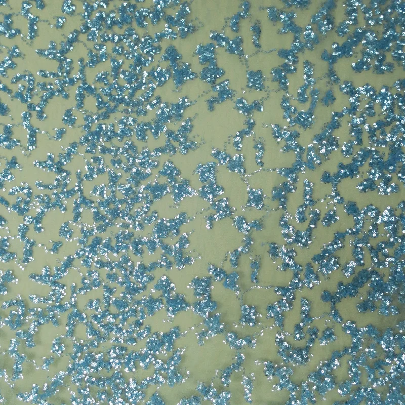 YEAR-End Clearance Sky Blue Abstract with Sequins Embroidered Tulle Fabric