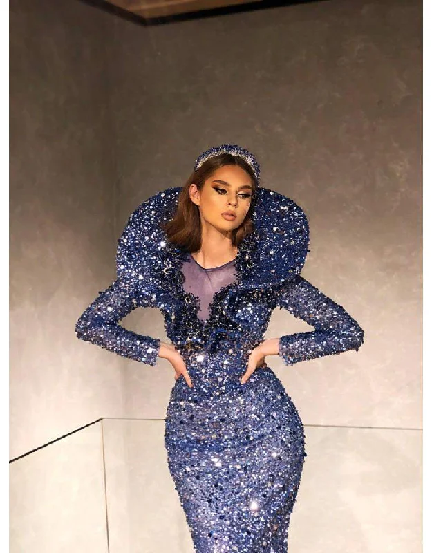 Closeout Luxury Blue Beaded Shiny Evening Gown