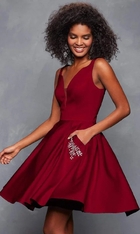 Seasonal Clearance Clarisse - 3613 Illusion Plunging V Neckline Fit and Flare Short Dress