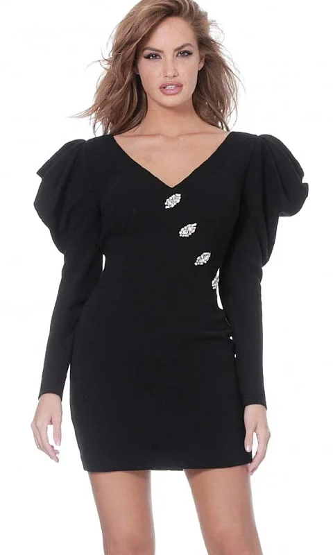 Price Smash Jovani - M3229 Puffed Long Sleeves V Neck Dress