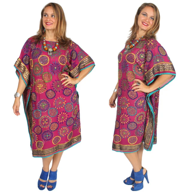 Savings Galore Sunheart Silk Fushia Pop! Embroidered Gem Vintage Beaded Glam Dress Caftan Poncho Tunic Top Sml-5x