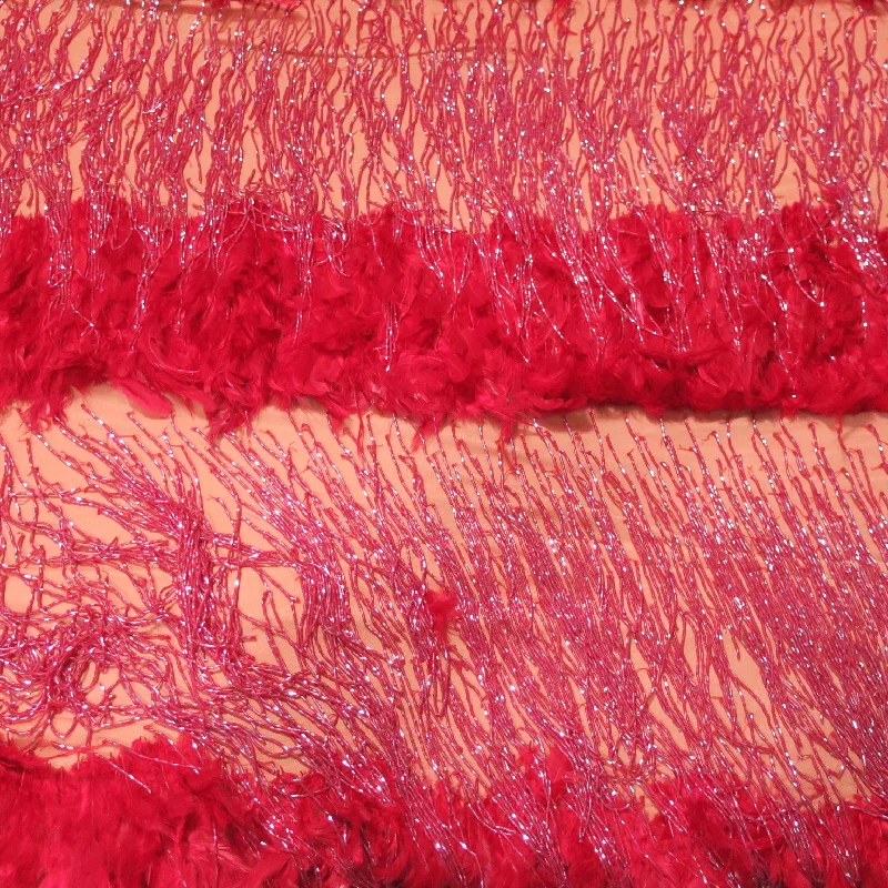 Crazy Savings Red Tulle with Fringes and Feathers Abstract Embroidered Fabric