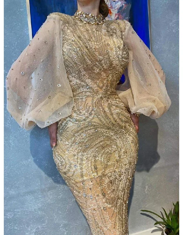 Special Discount Gold Evening Dress With Sparkling Net