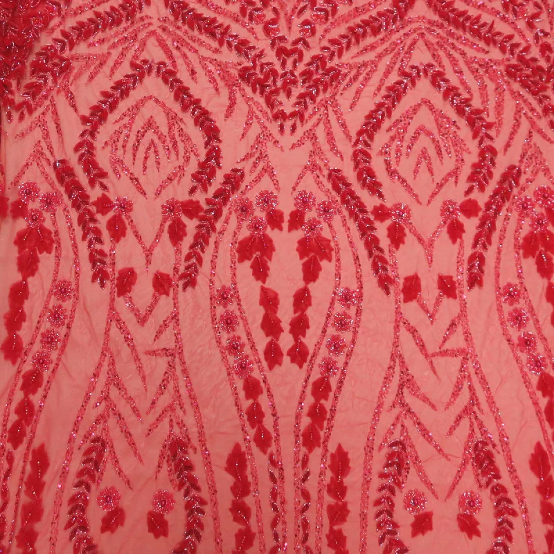 Today’s Special Red Bugle Beads Floral Embroidered Tulle Fabric