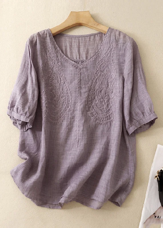 Buy More, Save More Women Purple V Neck Embroidered Linen T Shirt Summer GG016