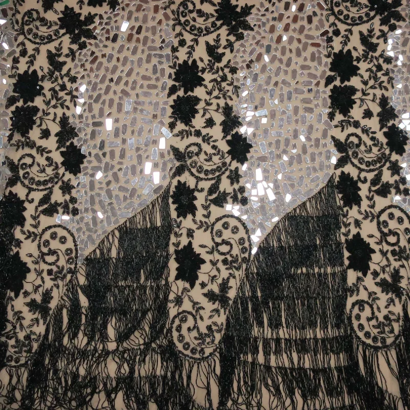 Doorbuster Deal Black with Mirrors Bugle Beads Fringes Floral Embroidered Tulle Fabric Doorbuster Deal Black with Mirrors Bugle Beads Fringes Floral Embroidered Tulle Fabric