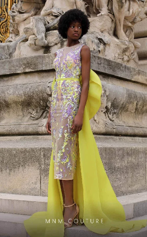 Special Price MNM COUTURE K4062 - Sheer Tea-length Dress with Train