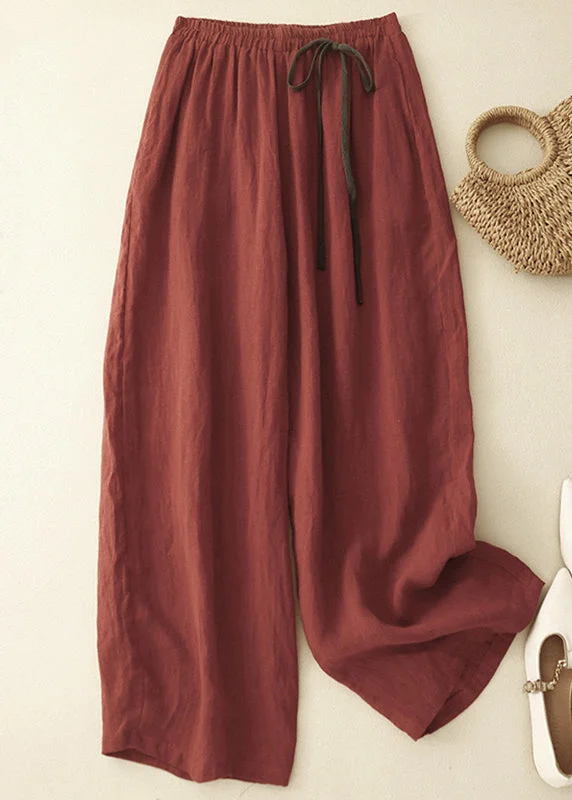 Customer Appreciation Sale Simple Red Solid Elastic Waist Cotton Crop Pants Summer GG022