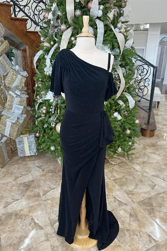 Steals and Deals Black One Shoulder Mermaid Ruffle Long Mother of Bride Dress with Slit Gowns