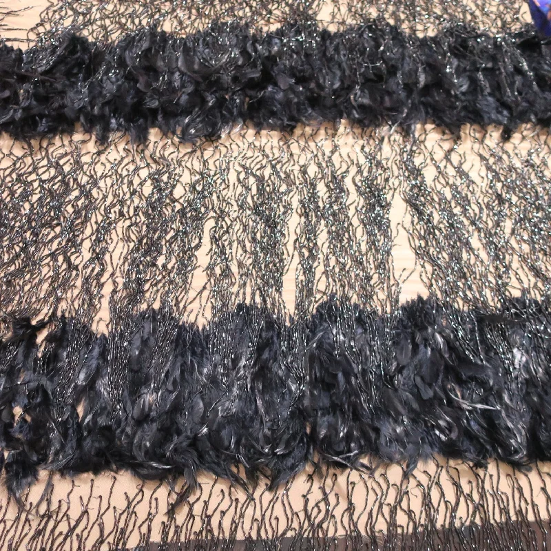 Big Savings Black Tulle with Fringes and Feathers Abstract Embroidered Fabric